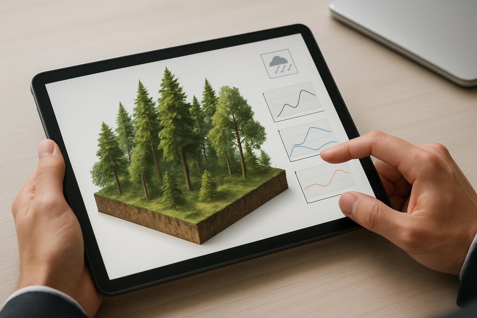 A digital tablet with an image of a 3D square of trees on its screen, held by hands.