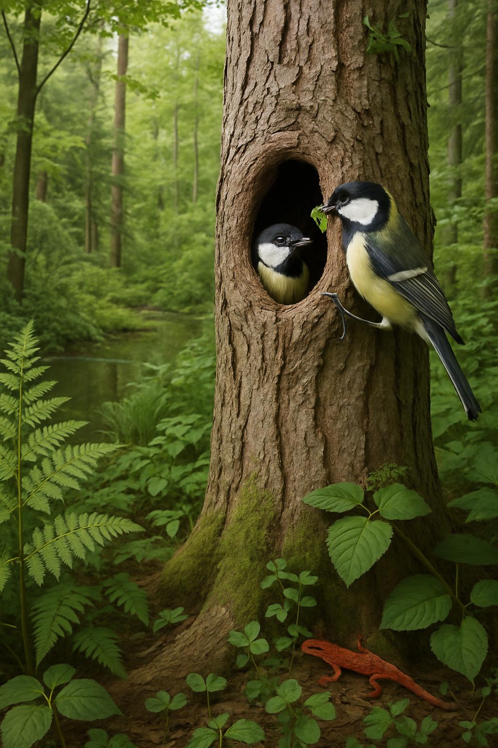 A forest scene featuring two Great Tit birds near an acorn tree nest with a lizard on forest floor, with green foliage and...