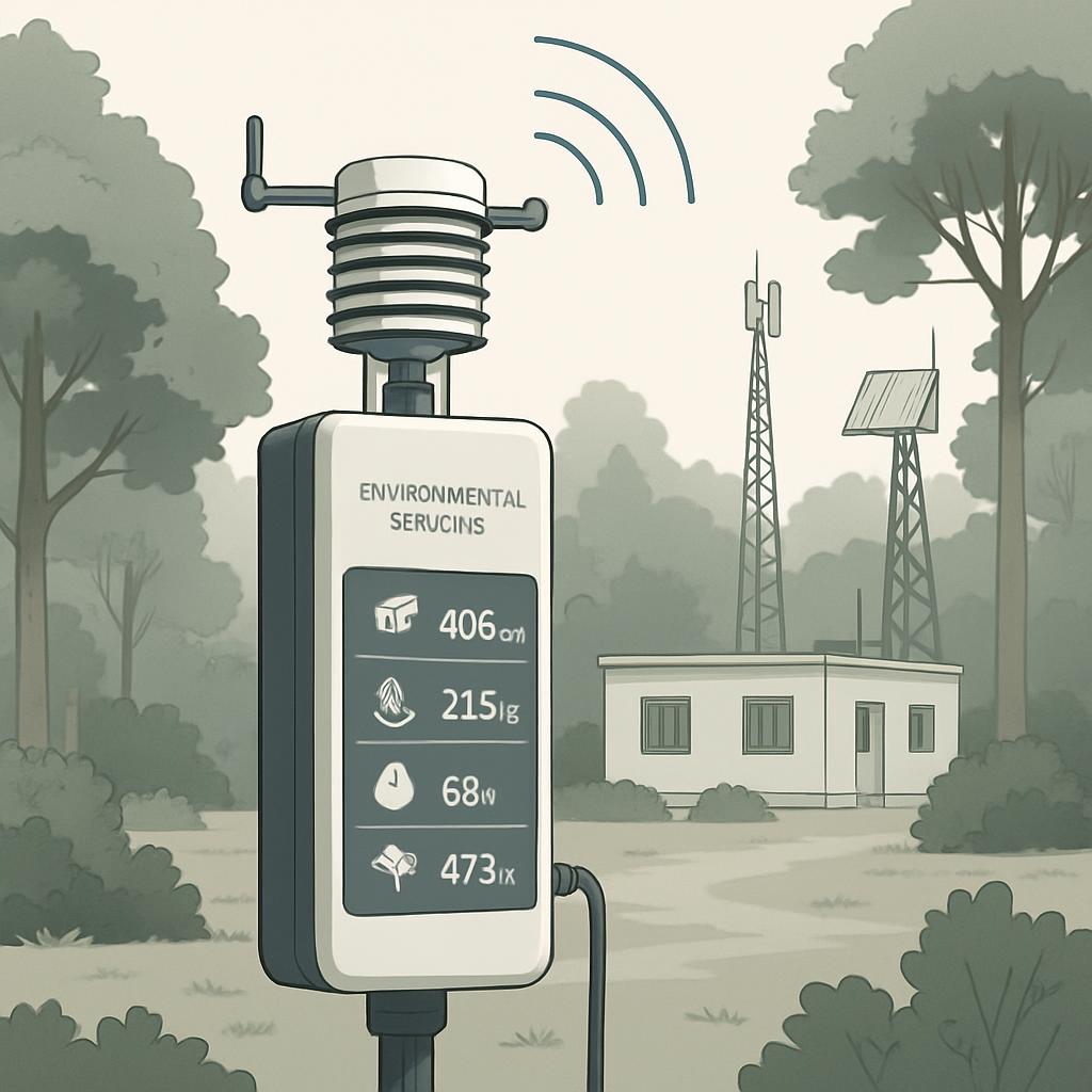Environmental monitoring equipment in an outdoor setting and a field technician.