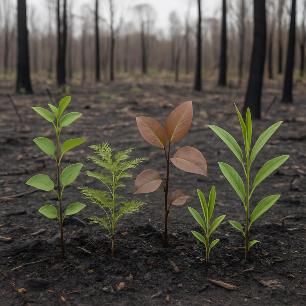 A snag forest with young, vibrant shoots of various plant types sprouting from the ashen earth, showcasing life amidst pos...