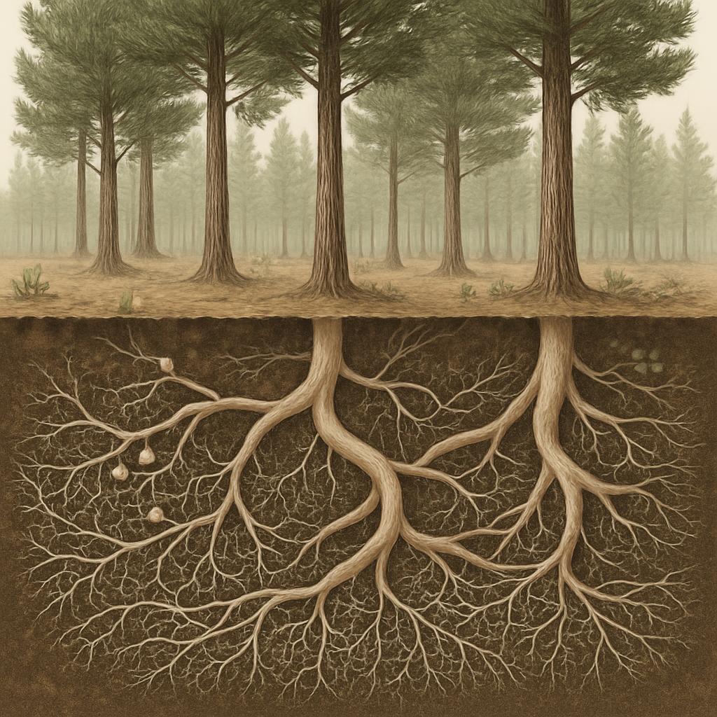 A forest illustration featuring trees planted on a barren land above a basement area with highly detailed and interconnect...
