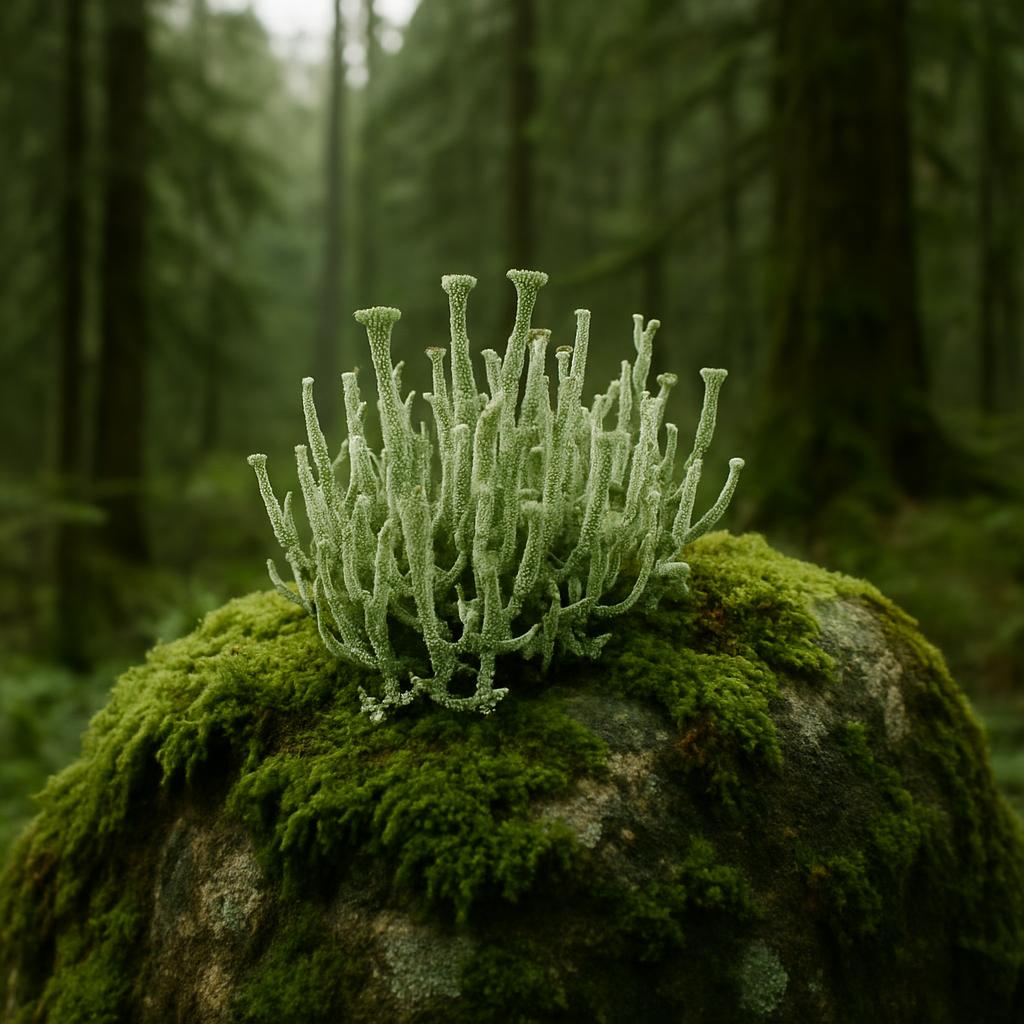 A forest ecosystem featuring green moss and lichen on a rock and tree surface.