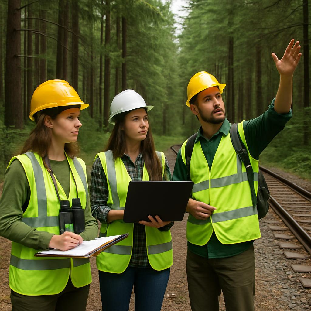 Three people in yellow safety vests and hard hats look out at the forest. One woman is wearing a green long sleeve shirt. ...